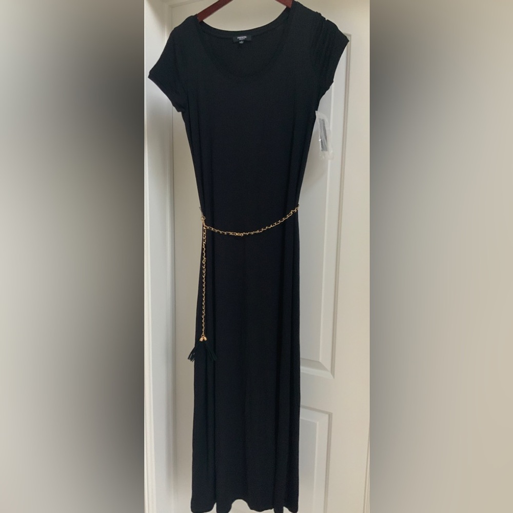 Premise classy black maxi dress with gold chain belt